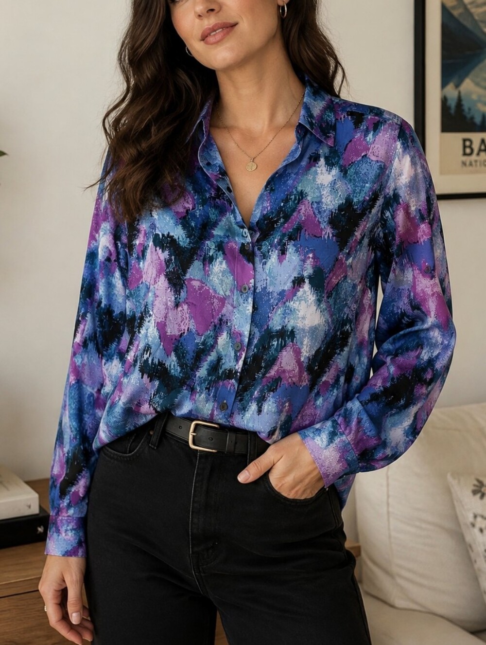 Northern Reflection Purple Abstract Print Button-Front Shirt size S